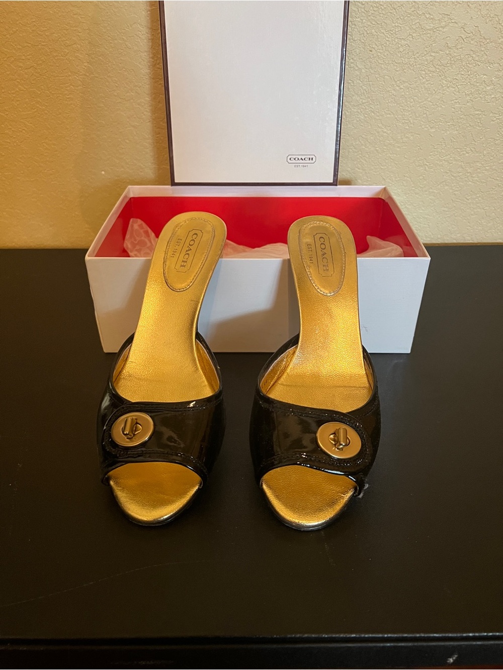 Coach Black Patent Leather Open-Toe Slides with Gold Accents